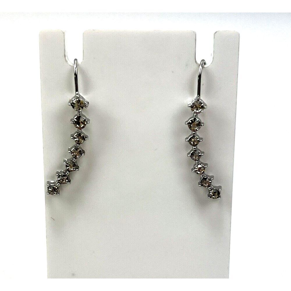 Silver Toned Metal Drop Earrings with‎ Clear Rhinestones 1.5"